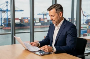 Courtier maritime spécialisé analysant des documents de transport portuaire dans un bureau avec vue sur le port