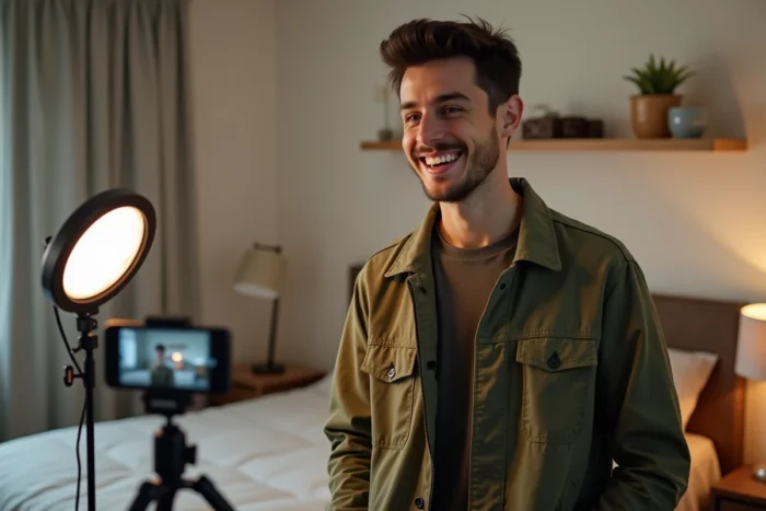 Un jeune homme enregistrant une vidéo pour YouTube ou TikTok depuis sa chambre avec un smartphone sur trépied pour créer du contenu monétisé