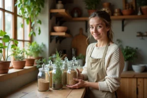 Femme arrangeant des bocaux en verre dans une cuisine éco-responsable en bois recyclé et carreaux terre cuite
