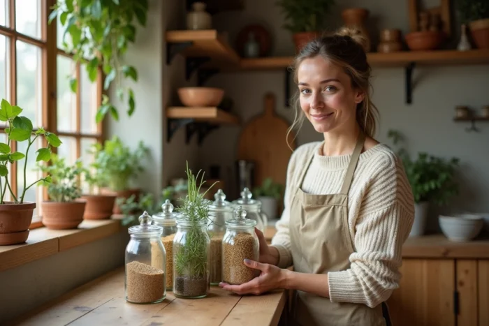 Femme arrangeant des bocaux en verre dans une cuisine éco-responsable en bois recyclé et carreaux terre cuite