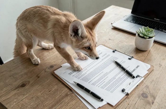 Fennec domestique posé sur des papiers administratifs français liés aux démarches d'adoption d'un animal exotique