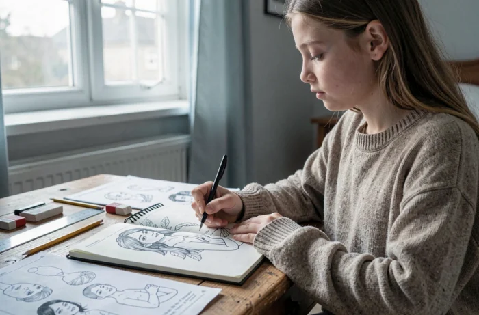 Adolescente pratiquant le dessin au trait en suivant un tutoriel papier sur son bureau