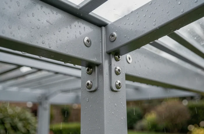 Détail de l'assemblage d'angle et des lames orientables d'une pergola 5x4 en aluminium avec finition résistante aux intempéries