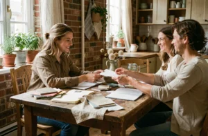 Couple et ami échangeant des objets et idées pour organiser un mariage économique autour d'une table en bois rustique