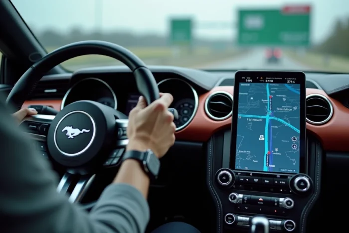 Écran GPS connecté Ford Mustang Mach-E affichant la navigation en temps réel sur autoroute française