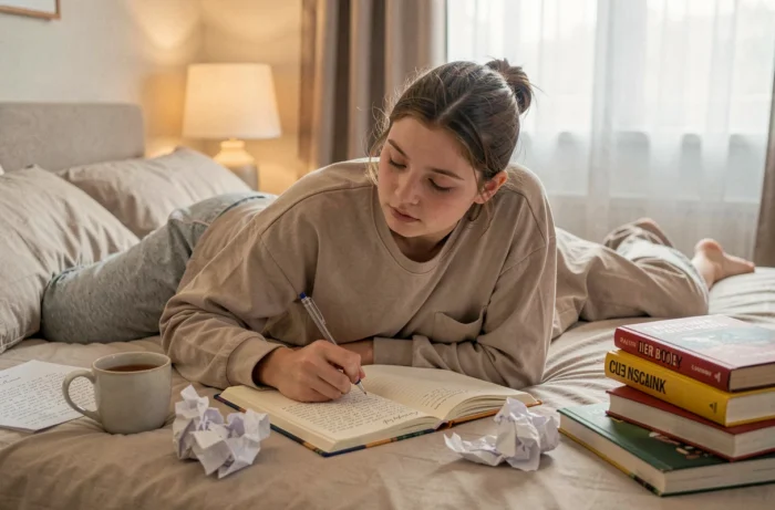Adolescente écrivant dans son journal créatif allongée sur son lit entourée de livres