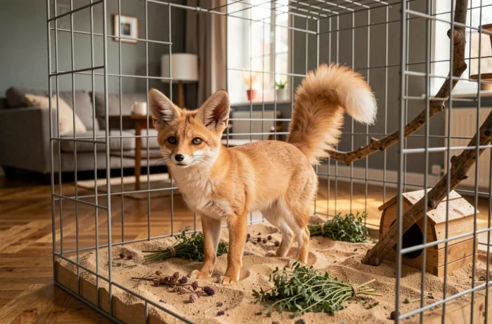 Enclos enrichi pour fennec domestique avec substrat de sable et cachettes en bois dans un intérieur français