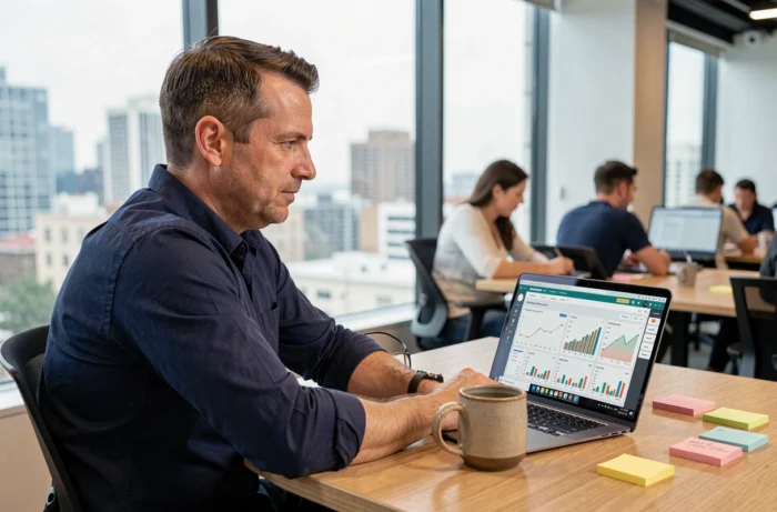 Entrepreneur masculin travaillant sur des alternatives de monétisation de site web dans un espace de coworking