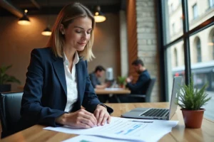 Entrepreneuse française en blazer marine révisant un business plan dans un espace de coworking parisien
