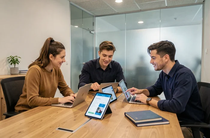 Équipe de jeunes professionnels collaborant autour de prototypes web et tendances technologiques en 2024