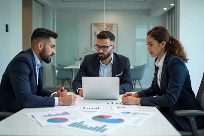 Équipe de professionnels de l'immobilier analysant des données sur un logiciel de gestion lors d'une réunion