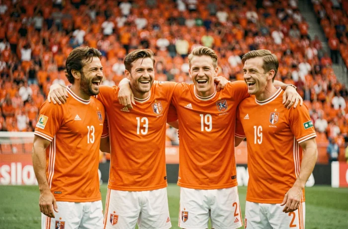 Joueurs de l'équipe nationale néerlandaise en maillots orange célébrant une victoire lors d'un grand championnat européen de football