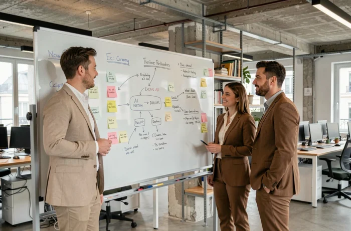 Équipe de professionnels discutant des enjeux réglementaires de l'IA devant un tableau blanc dans un bureau parisien moderne