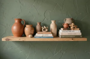 Étagère décorative avec objets insolites, vases vintage et livres d'art dans un appartement moderne au style éclectique