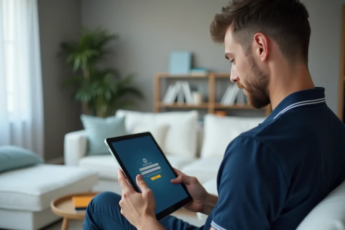 Étudiant masculin se connectant à l'ENT CESI depuis une tablette à domicile
