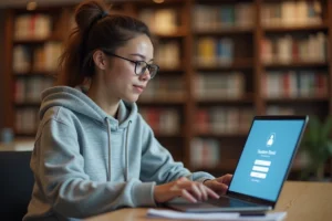 Étudiante connectée à l'ENT CESI sur un ordinateur portable dans une bibliothèque universitaire