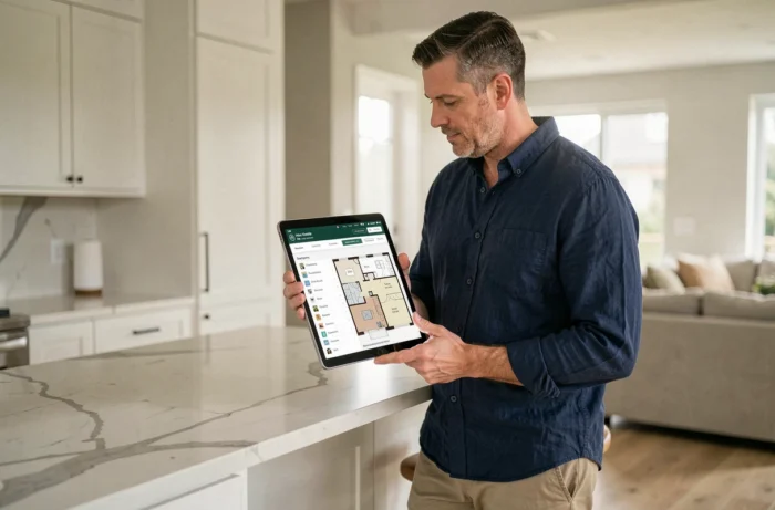 Homme utilisant une tablette pour explorer l'architecture de navigation d'un site immobilier depuis son domicile
