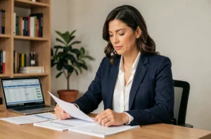 Femme analysant des documents financiers pour obtenir un crédit personnalisé adapté à ses besoins en 2024