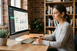 Femme analyste web étudiant des statistiques de monétisation sur un écran d'ordinateur dans un bureau moderne