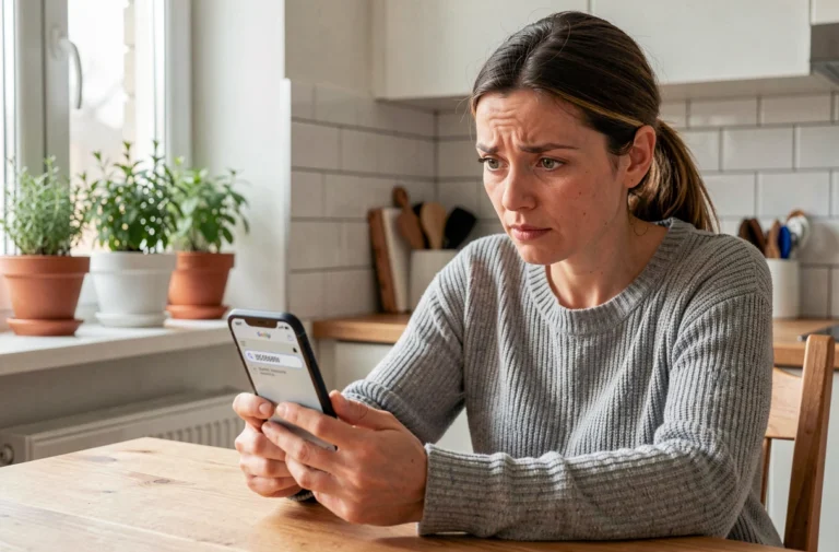Femme consultant un annuaire inversé gratuit sur son smartphone dans une cuisine moderne pour identifier un numéro inconnu