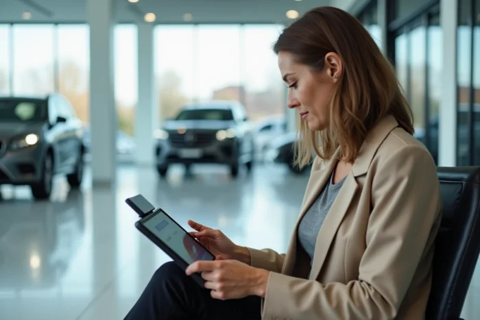 Femme consultant un annuaire de services automobiles sur une tablette dans un show-room de concession