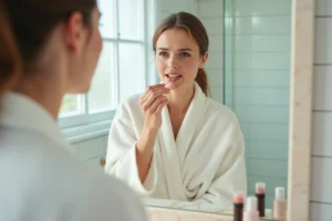Jeune femme appliquant un gloss sur ses lèvres devant un miroir de salle de bain avec une légère expression d'inconfort