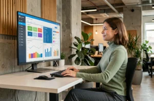Femme professionnelle travaillant sur des tableaux de bord web et tendances digitales 2024 dans un bureau moderne