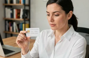 Femme examinant la date d'expiration MM AA sur sa carte bancaire à son bureau