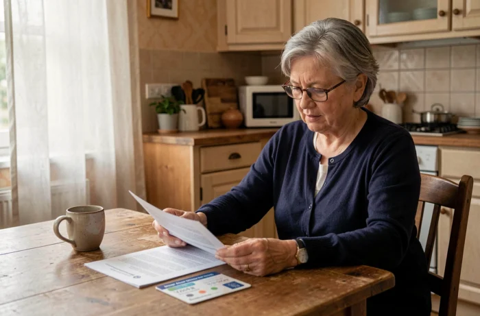 Femme avec carte d'invalidité consultant ses documents de réduction d'impôts fonciers à domicile