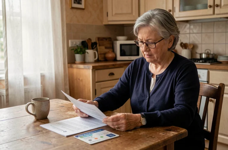 Femme avec carte d'invalidité consultant ses documents de réduction d'impôts fonciers à domicile