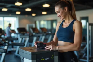 Femme scannant sa carte de membre Basic Fit à l'entrée d'une salle de sport moderne pour profiter de l'offre parrainage