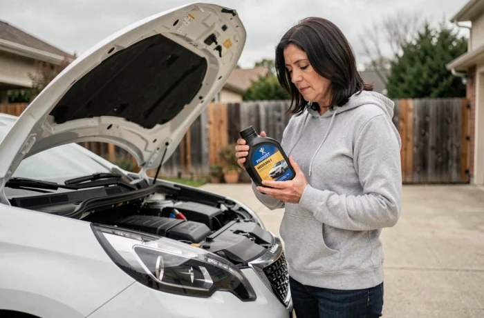 Femme lisant l'étiquette d'une bouteille d'huile moteur devant le capot ouvert de sa Peugeot 2008 blanche dans une allée résidentielle