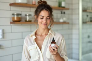 Femme lisant les ingrédients d'un produit cosmétique bio La Provençale dans une salle de bain minimaliste