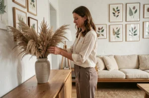Femme arrangeant des herbes de la pampa dans un vase en céramique sur un buffet en bois dans un salon scandinave décoré avec soin