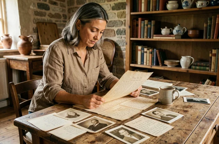 Femme parcourant des documents généalogiques anciens et des photos de famille sur une table en bois rustique