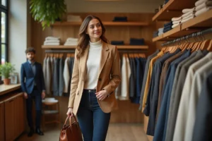Femme élégante en blazer camel parcourant les rayons d'une boutique de mode tendance