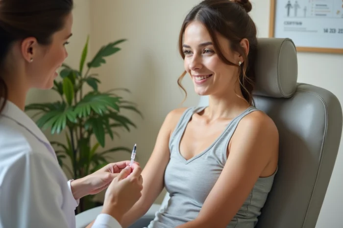 Femme recevant une injection sous-cutanée pour la perte de poids dans une clinique médicale