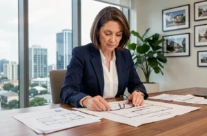 Femme professionnelle analysant des documents d'investissement immobilier dans un bureau moderne avec vue sur la ville