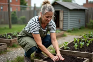 Femme d'âge mûr plantant des semis dans un jardin familial communautaire en milieu urbain
