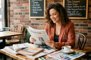 Femme lisant des journaux décalés dans un café urbain avec une expression amusée