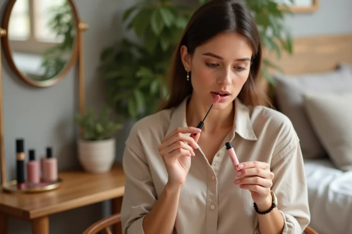 Femme lisant l'étiquette d'ingrédients d'un tube de gloss à lèvres assise devant une coiffeuse en bois
