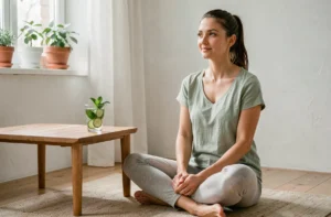 Femme pratiquant la méditation avec un verre d'eau détox infusée au concombre et à la menthe dans un intérieur minimaliste