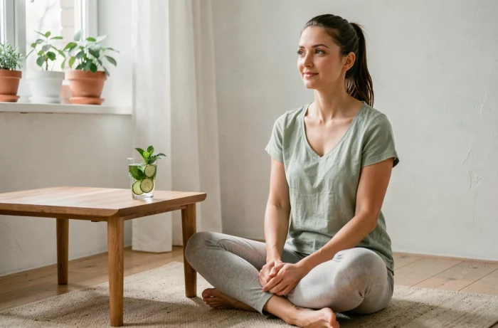 Femme pratiquant la méditation avec un verre d'eau détox infusée au concombre et à la menthe dans un intérieur minimaliste