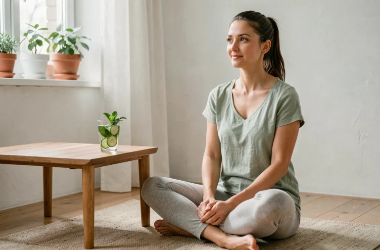 Femme pratiquant la méditation avec un verre d'eau détox infusée au concombre et à la menthe dans un intérieur minimaliste