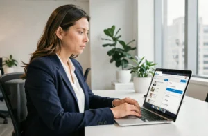 Femme professionnelle naviguant sur un site d'emploi depuis son bureau en open space