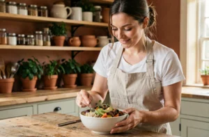Femme préparant un bowl équilibré et coloré avec quinoa, légumes rôtis et avocat dans une cuisine conviviale