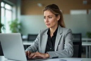 Femme professionnelle utilisant un ordinateur portable pour résoudre une panne sur l'espace ID AC Versailles