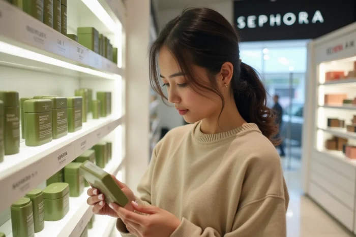 Femme lisant les ingrédients d'un produit Typology dans un magasin Sephora