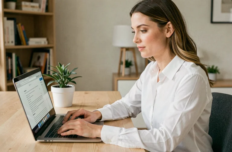 Femme en télétravail consultant son CV sur un ordinateur portable dans un bureau scandinave moderne