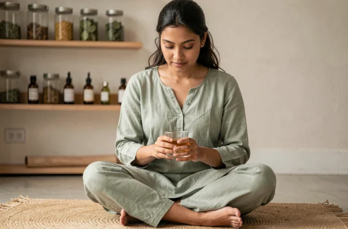Femme pratiquant un rituel bien-être ayurvédique avec une boisson à base de haritaki dans un studio minimaliste